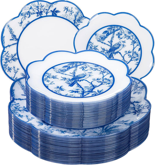 LIYH 60 Pcs Blue Plastic Plates Set - Heavy Duty Floral and White Plastic Plates for Party Wedding Elegant Plate Bridal Shower Floral Dinnerware Set - 10.25" Dinner & 7.5" Dessert Plate