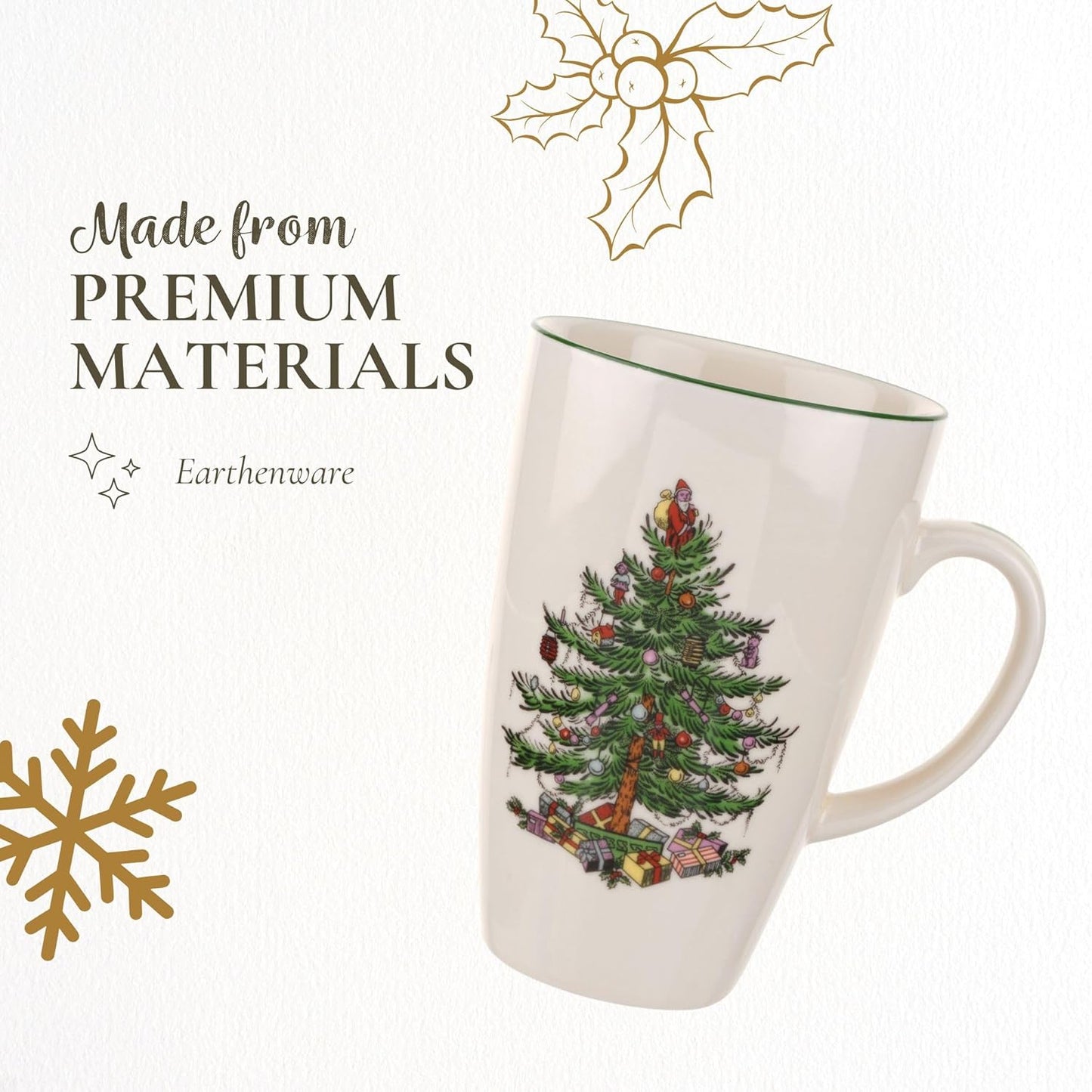 Spode Christmas Tree Latte Mug - 22 Oz Holiday Coffee Cup for Tea, Hot Cocoa, & More - Classic Green Banded Christmas Tree Design - Dishwasher & Microwave Safe Fine Stoneware Mug