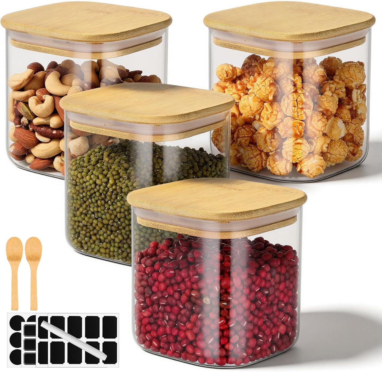 Glass Jar with Lid, 4 Pack 24 Fl.oz Square Glass Containers with Bamboo Lids, Food Jars Pantry Storage Canister for Sugar, Coffee Bean, Tea, Snacks, Cookie - Included Labels, Marker and Spoon