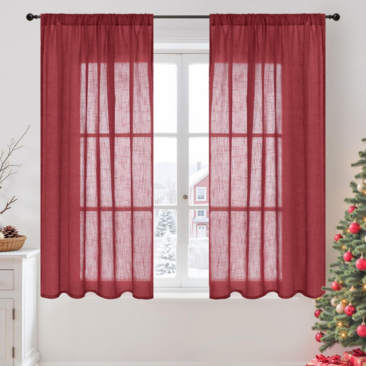 BGment Linen Burgundy Curtains 54 Inch Length for Short Window, Semi Sheer Drapes Lightweight Rustic Textured for Living Room Christmas Patry Decor Rod Pocket, 2 Panels Set, Each 42 Inch Wide