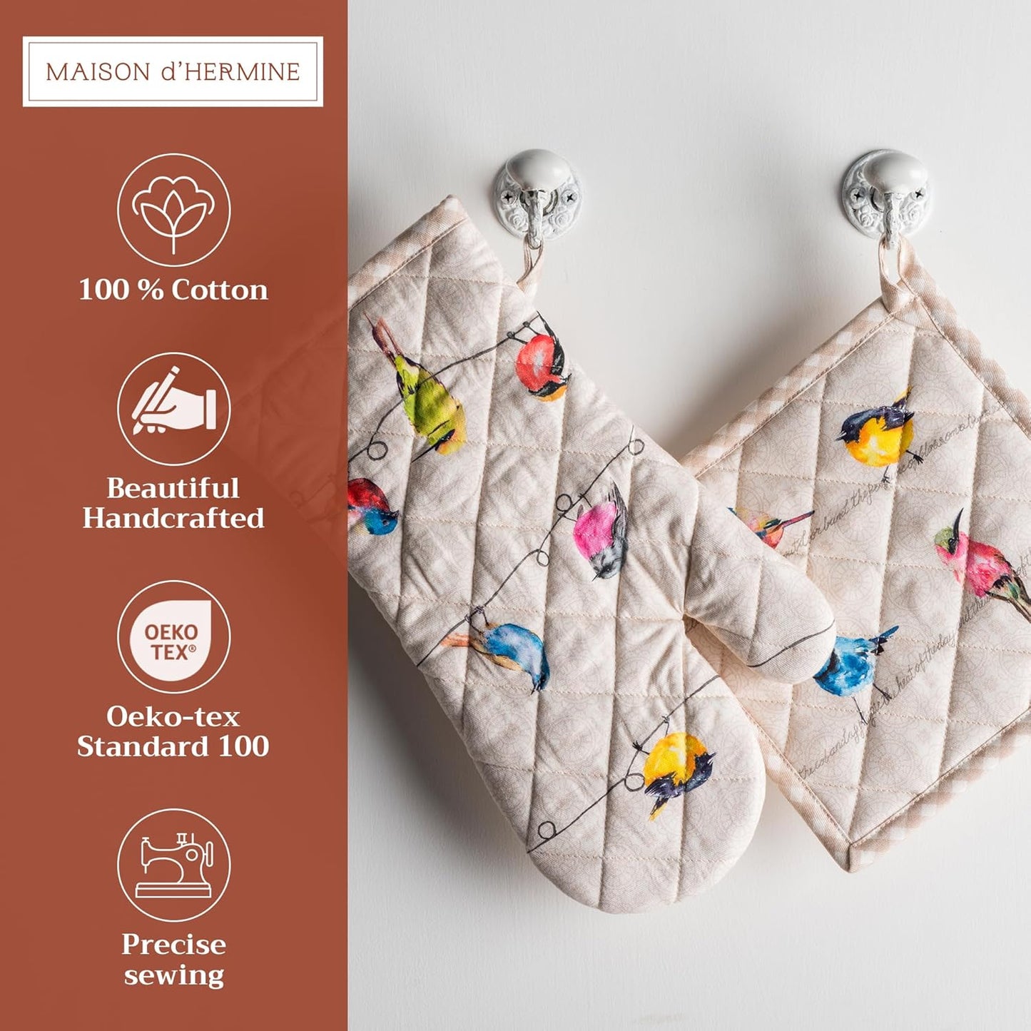 Maison d' Hermine 100% Cotton Oven Mitt & Pot Holder Set (7.5"x13" & 8"x8") Heat Resistant BBQ Cooking Gloves with Loop, Baking, Grilling, Kitchen, Handling Hot Pans Spring/Summer (Birdies On Wire)