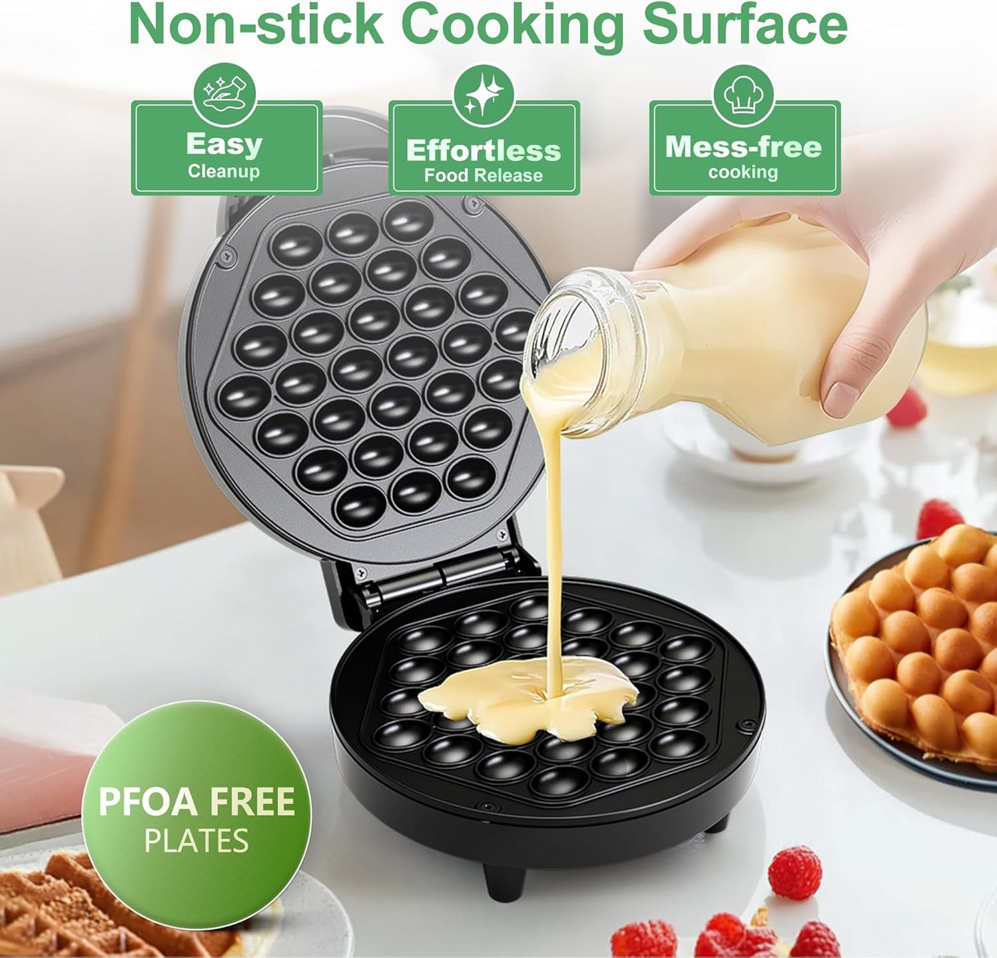 Bubble Waffle Maker, 1000W 7" Non-Stick Griddle, Hong Kong Egg Waffle Maker, Perfect for Creative Ice Cream Desserts