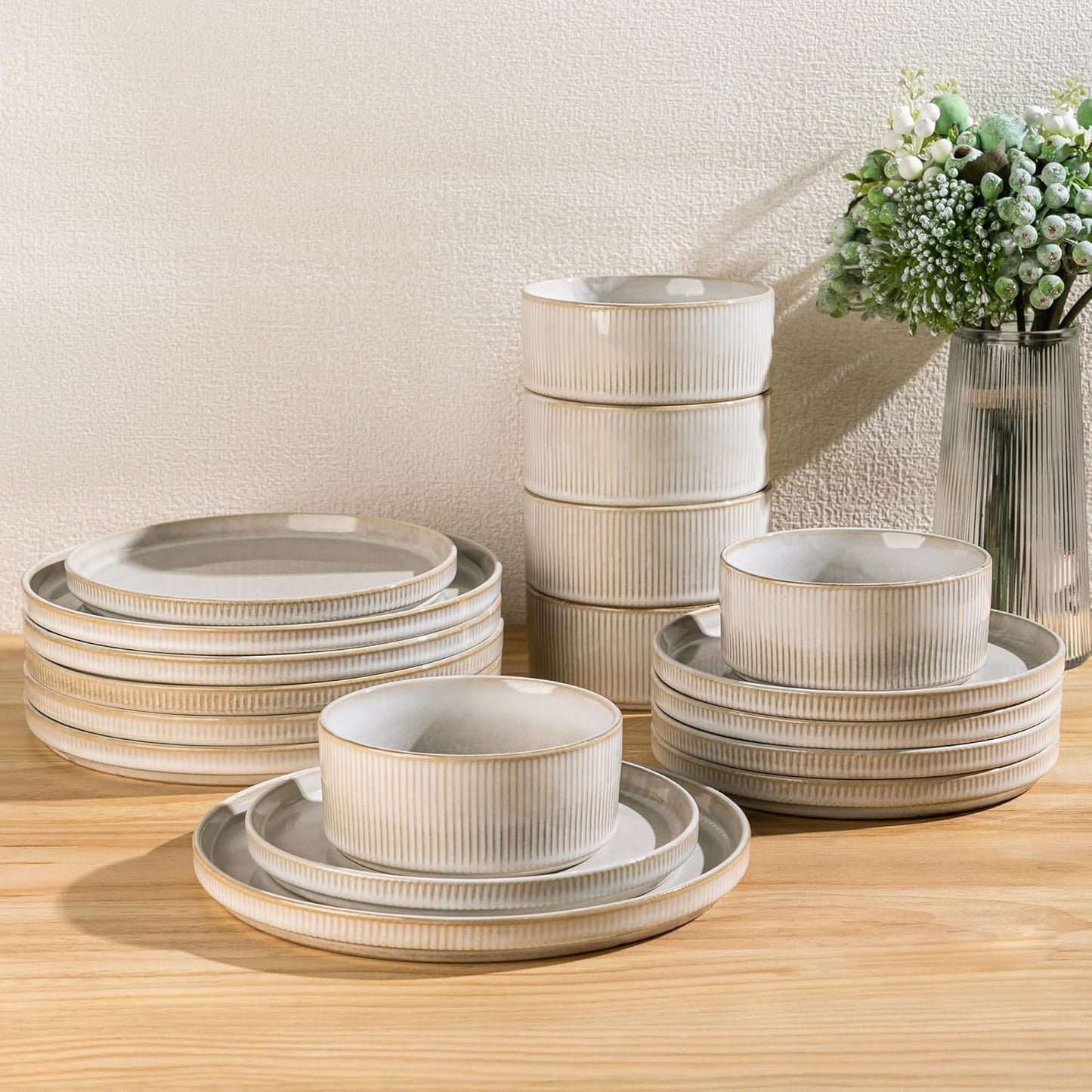 GBHOME Stoneware Dinnerware Sets for 4,Round Reactive Glaze Ceramic Plates and Bowls Set,Highly Scratch Resistant | Dishwasher & Microwave Safe Dishes Set,Service for 4(12Pcs)