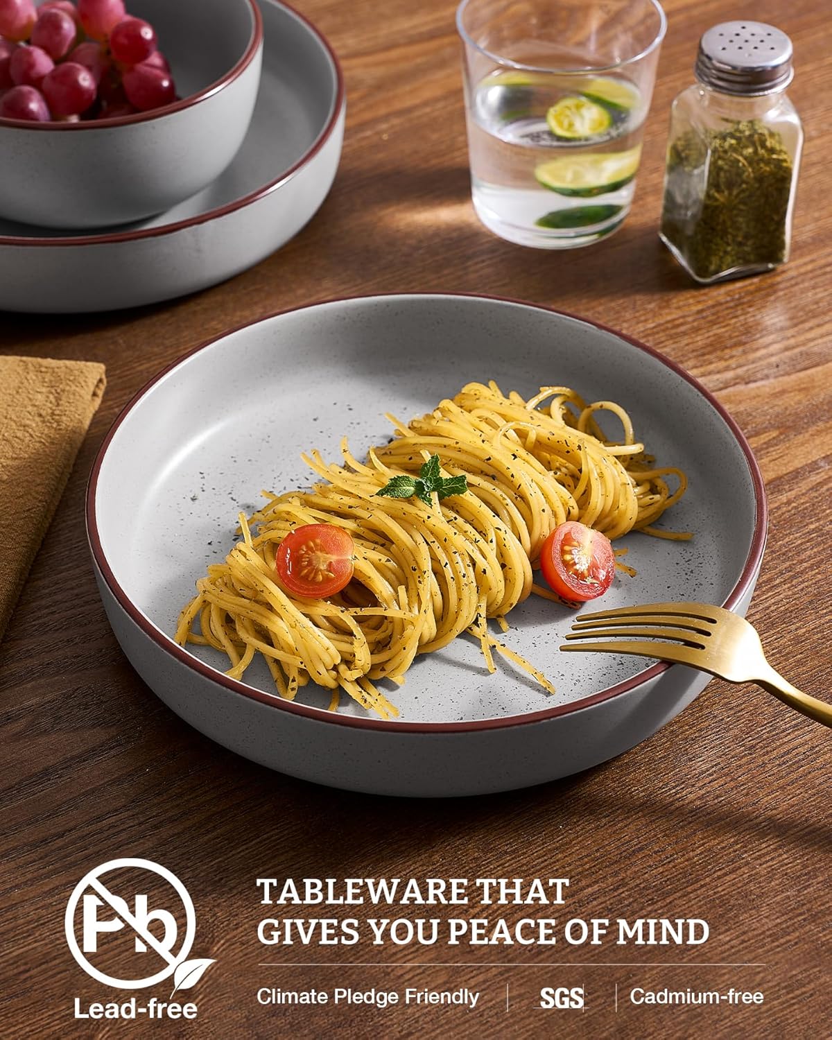 famiware Mercury Pasta Bowls Set of 4, 33 oz Large Salad Bowls, Ceramic Pasta Plates Bowls, Serving Bowls for Kitchen, Microwave & Dishwasher Safe, Light Gray