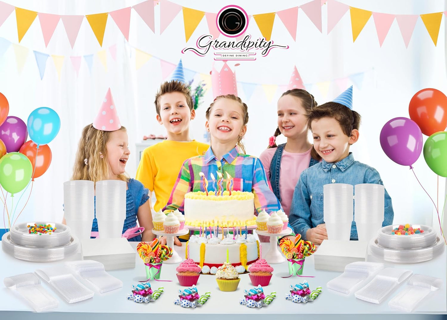 Grandipity 350 Piece Clear Disposable Dinnerware Set, Includes 50 of Each: 9" Dinner Plates, 7" Dessert Plates, 12oz Cups, Paper Napkins, Forks, Knives & Spoons