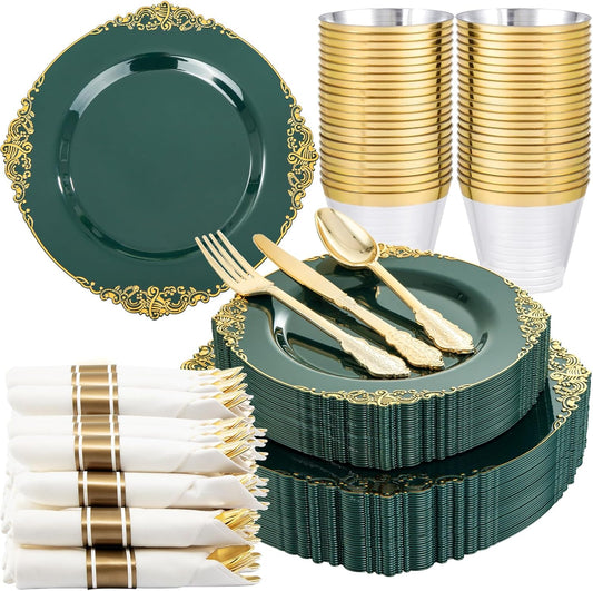 Nervure 175PCS Green Plastic Plates - Disposable Green Gold Party Plates & Pre Rolled Napkins with Cutlery for 25 Guests, 50Plates, 75Silverware, 25Cups, 25Napkin for Wedding & Party