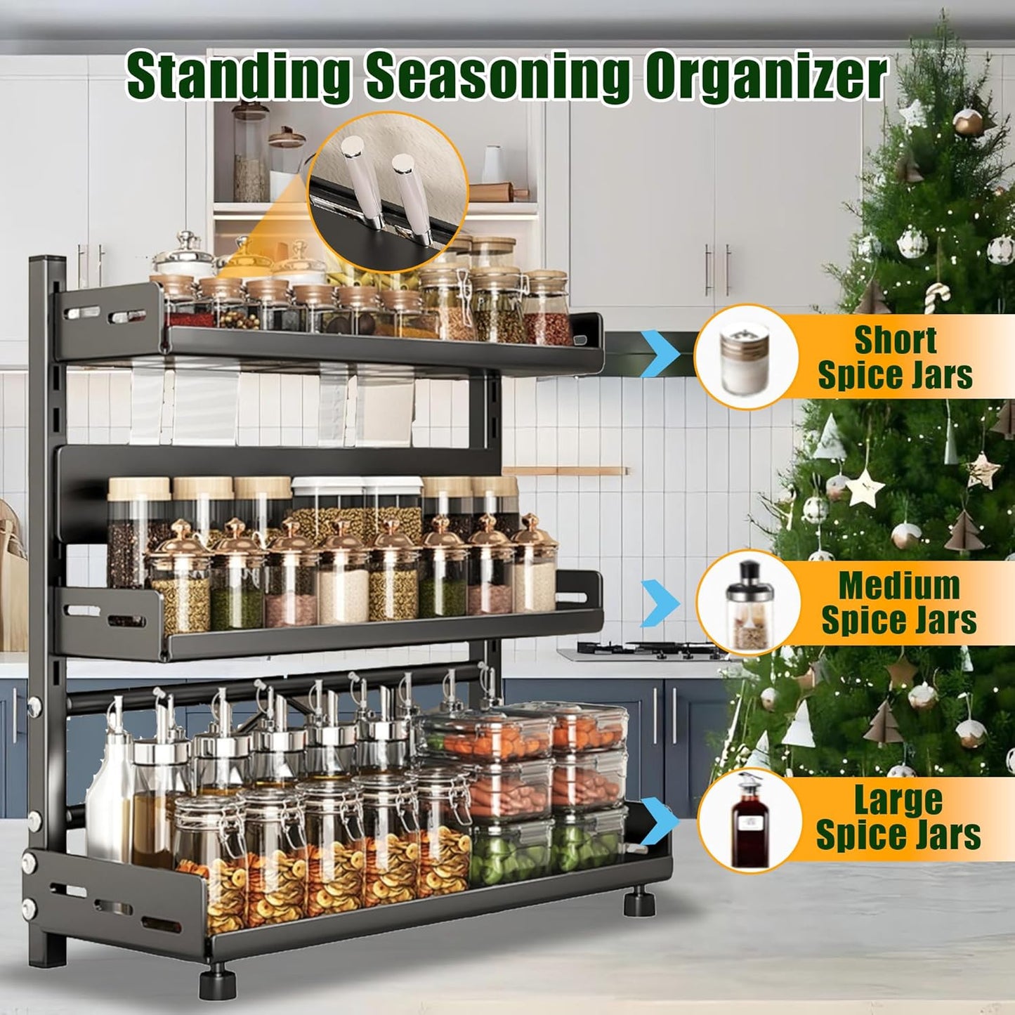 Spice Organization for Cabinet | 3 Tier Standing Height-Adjustable Spice Rack | Large Metal Rust-Proof Seasoning Organizer | Kitchen Storage Organization Shelf for Pantry Bathroom (3-40CM Black)