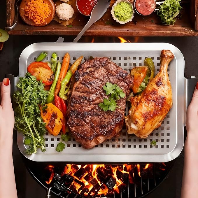 Grill Pan Set of 2, Grill Topper for Outdoor Grill, Stainless Steel Roasting Basket with Handles, Perforated Grill Tray for Smoker Roasting, Oven, BBQ Accessories (Small+Large)