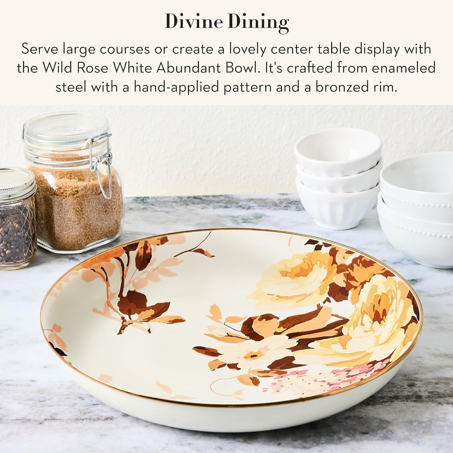 MACKENZIE-CHILDS Enamel Abundant Bowl, Decorative or Serving Bowl, 13-Cup Capacity, White Wild Rose