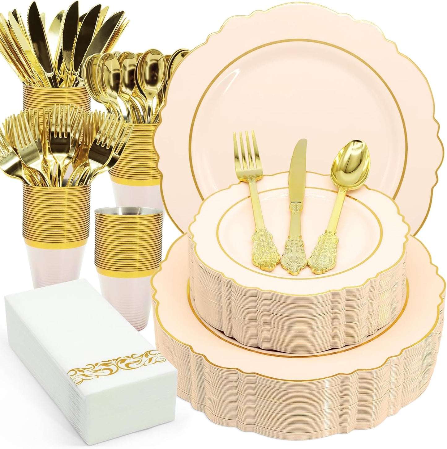 AIRE 350PCS Pink Gold Plastic Plates for Party, Dinnerware Sets for 50 Guests, Disposable Plastic Party Supplies Plates Cups Spoons Forks Knives Napkins for Wedding Birthday Baby Shower BBQ Parties