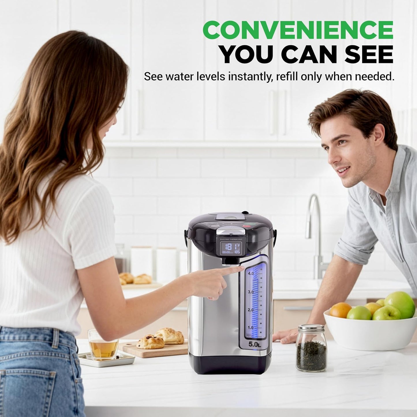 NutriChef Digital Water Boiler and Warmer - 5L/5.28 Qt Stainless Electric Hot Water Dispenser w/LCD Display, Rotating Base, Keep Warm, Auto Shut Off, Safety Lock, Instant Heating for Coffee & Tea