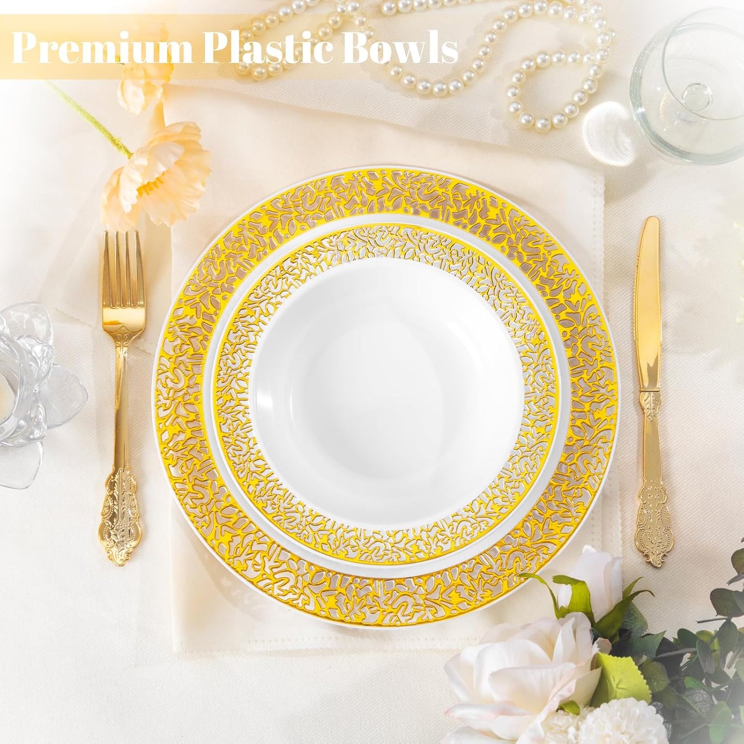 I00000 100 Disposable Gold Plastic Bowls, 12 oz Disposable Bowls, Lace Christmas Thanksgiving Trim, Premium Heavy Duty Plastic Bowl for Party