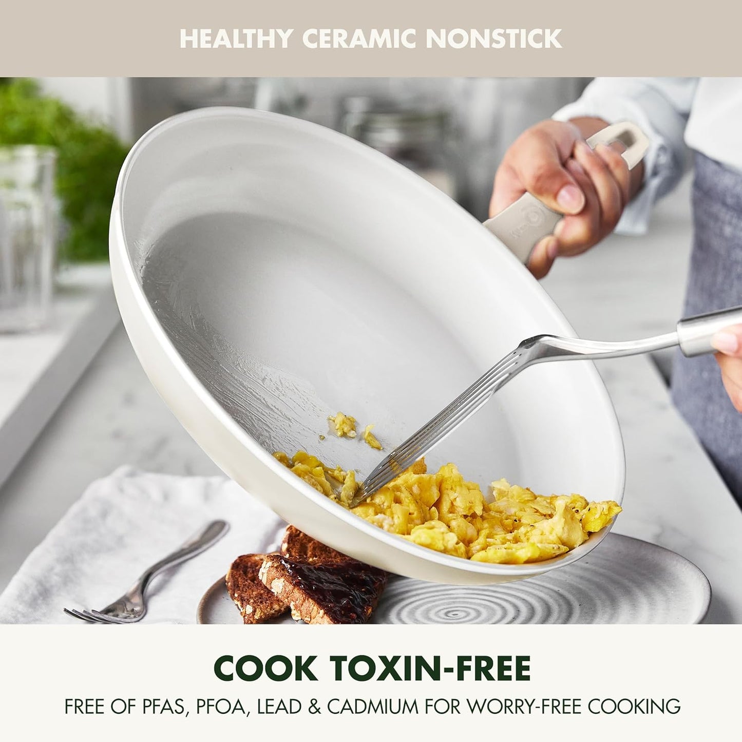 GreenPan Dover 12” Frying Pan Skillet, Non-Toxic PFAS-Free PFOA-Free Ceramic Nonstick Coating, Sear Saute Fry Egg Omlete, Dishwasher & Oven Safe, Stay Cool Handle, Easy Pour Rims, Cream White