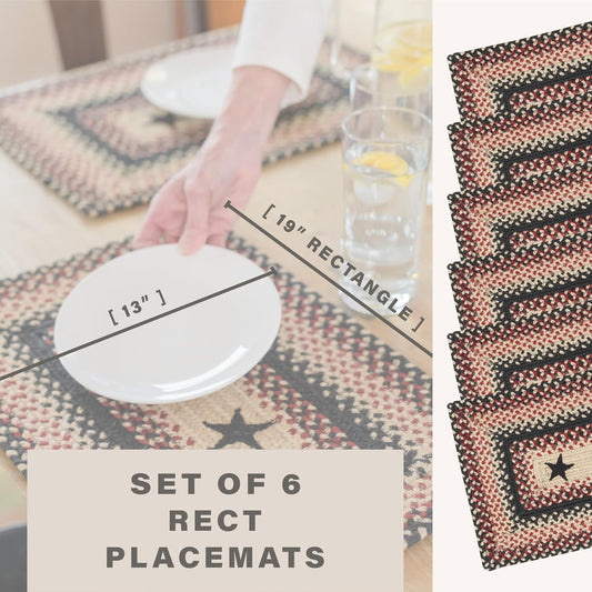 Homespice Primitive Star Gloucester Dining Placemats, Warm Primitive Decor, Set of 6, Black and Red - 13x19 Rectangle Table Mats - Vibrant Colors, Durable, Easy to Clean and Protects Furniture