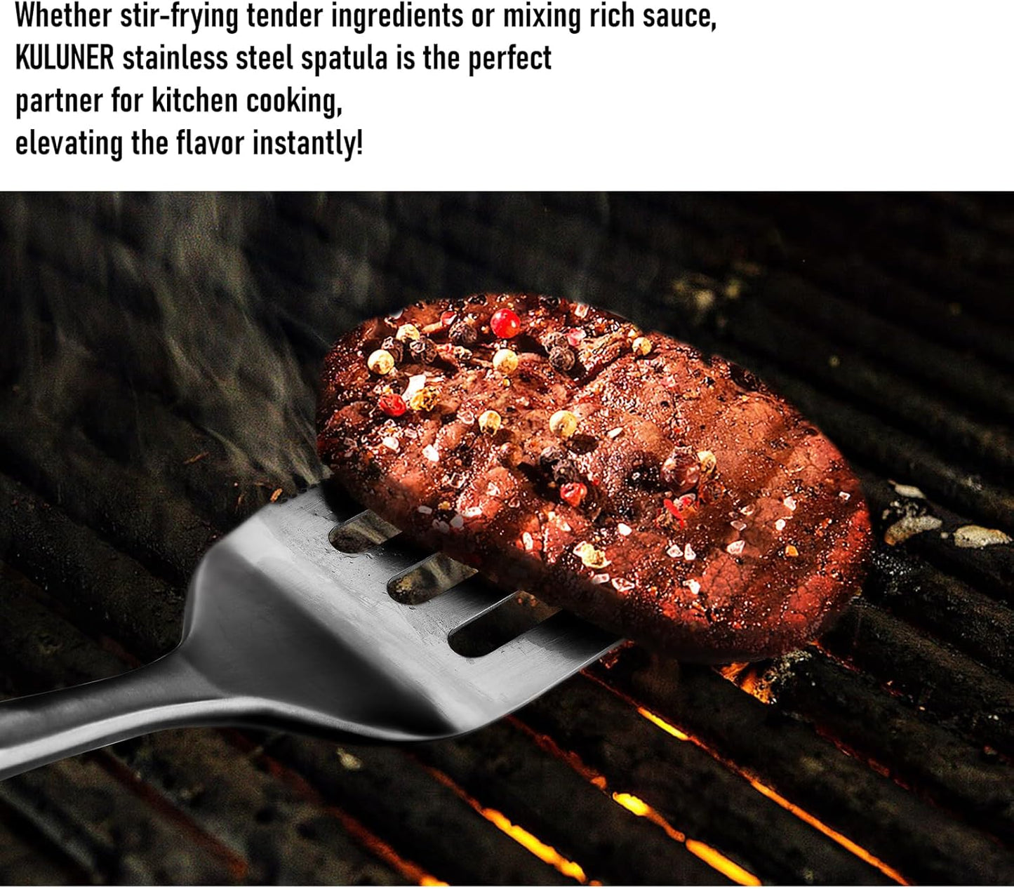KULUNER Professional Grade Stainless Steel Cooking Spatula - 17 Inches, Sturdy and Durable, Premium Solid Wood Handle, with Bottle Opener, Suitable for Barbecue, Outdoor Kitchens, and Grilling Food