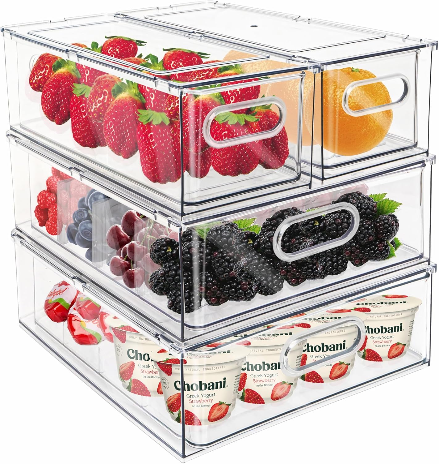 Mano Fridge Drawer Pull Out Stackable Bins with Handle Clear Refrigerator Drawers Organizer Food Storage Container Box with Dividers Plastic Produce Saver for Pantry, Cabinet, Kitchen, Clothes（4Pack）