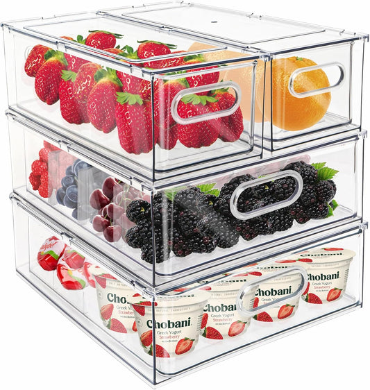 Mano Fridge Drawer Pull Out Stackable Bins with Handle Clear Refrigerator Drawers Organizer Food Storage Container Box with Dividers Plastic Produce Saver for Pantry, Cabinet, Kitchen, Clothes（4Pack）