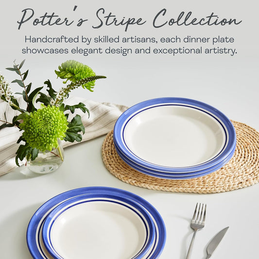 Portmeirion Potter's Stripe Dinner Plate (Set of 4) - 10.5" Earthenware Plates with Classic Striped Rim - Microwave, Dishwasher, Freezer, Oven Safe - Ideal Modern Dinnerware Set (Blue Stripe)