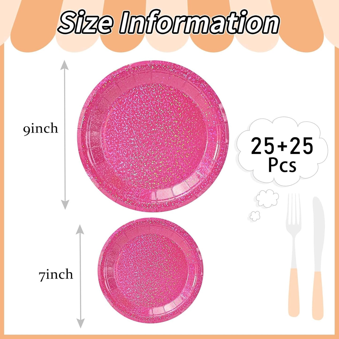 50 Pcs Iridescent Hot Pink Paper Plates 25 × 7'' and 25 × 9'' Disposable Pink Shiny Holographic Foil Dinner Plates for Wedding Baby Shower Birthday Disco Party Glitter Dessert Plate