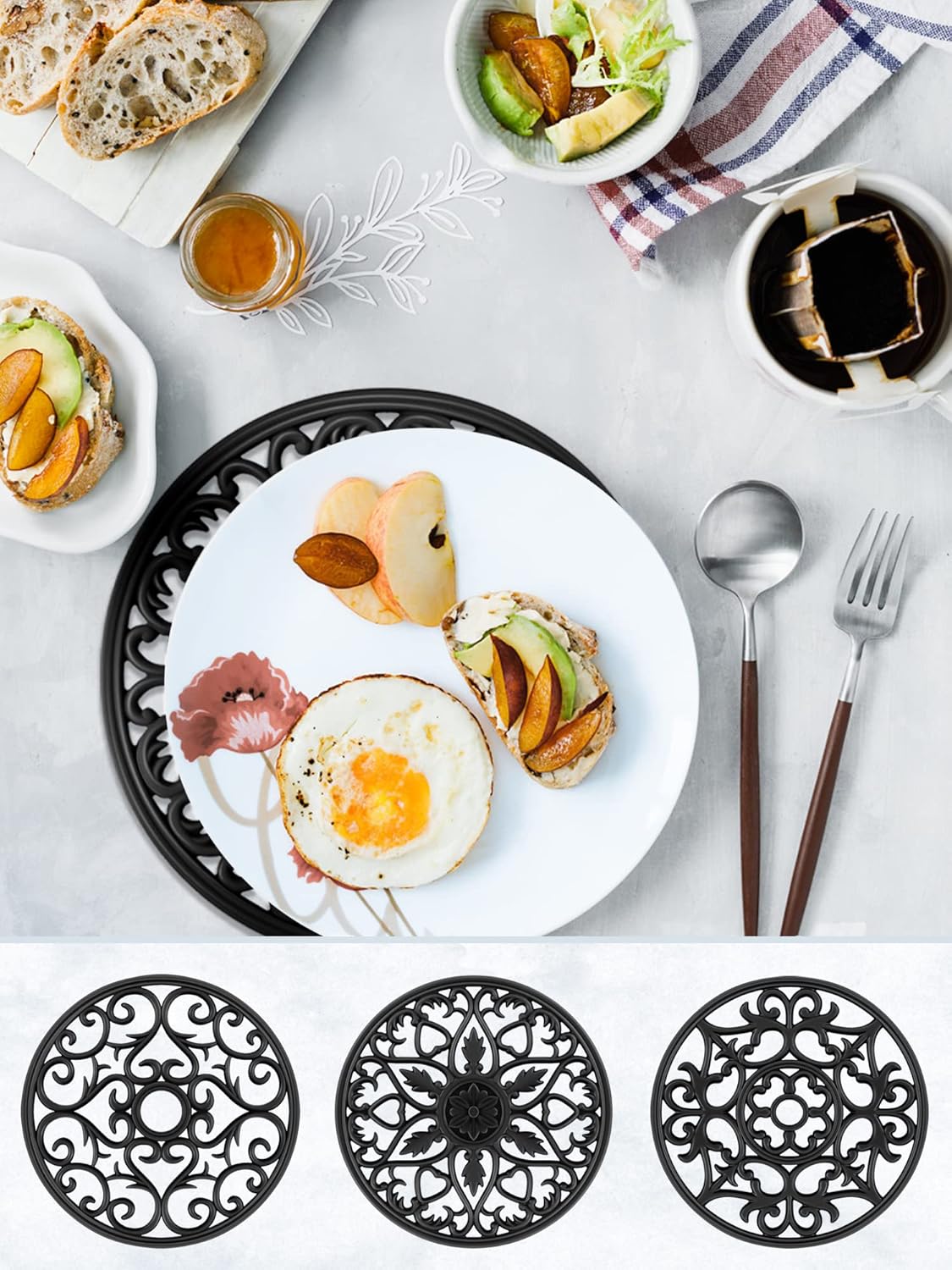 SMARTAKE 6 Set Silicone Trivet Mats, Multi-Use Intricately Carved Coasters, Insulated Non-Slip Durable Kitchen Mats, Flexible Modern Kitchen Table Mat, for Hot Dishes, Pots, Countertop (Black)