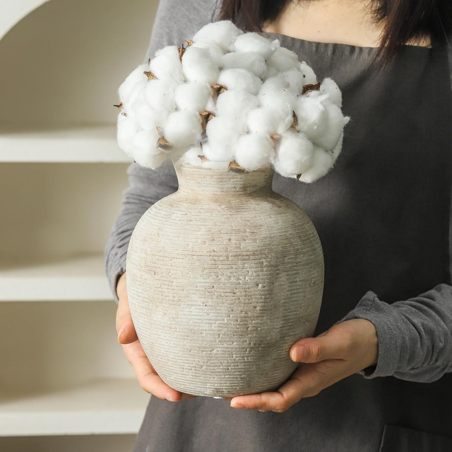 Ceramic Flower Vase Home Decor - Farmhouse Table Vases Rustic Vintage Living Room Kitchen Bedroom Decorations for House Book Shelf Office Coffee Desk Dining Fireplace (7.4" Retro)