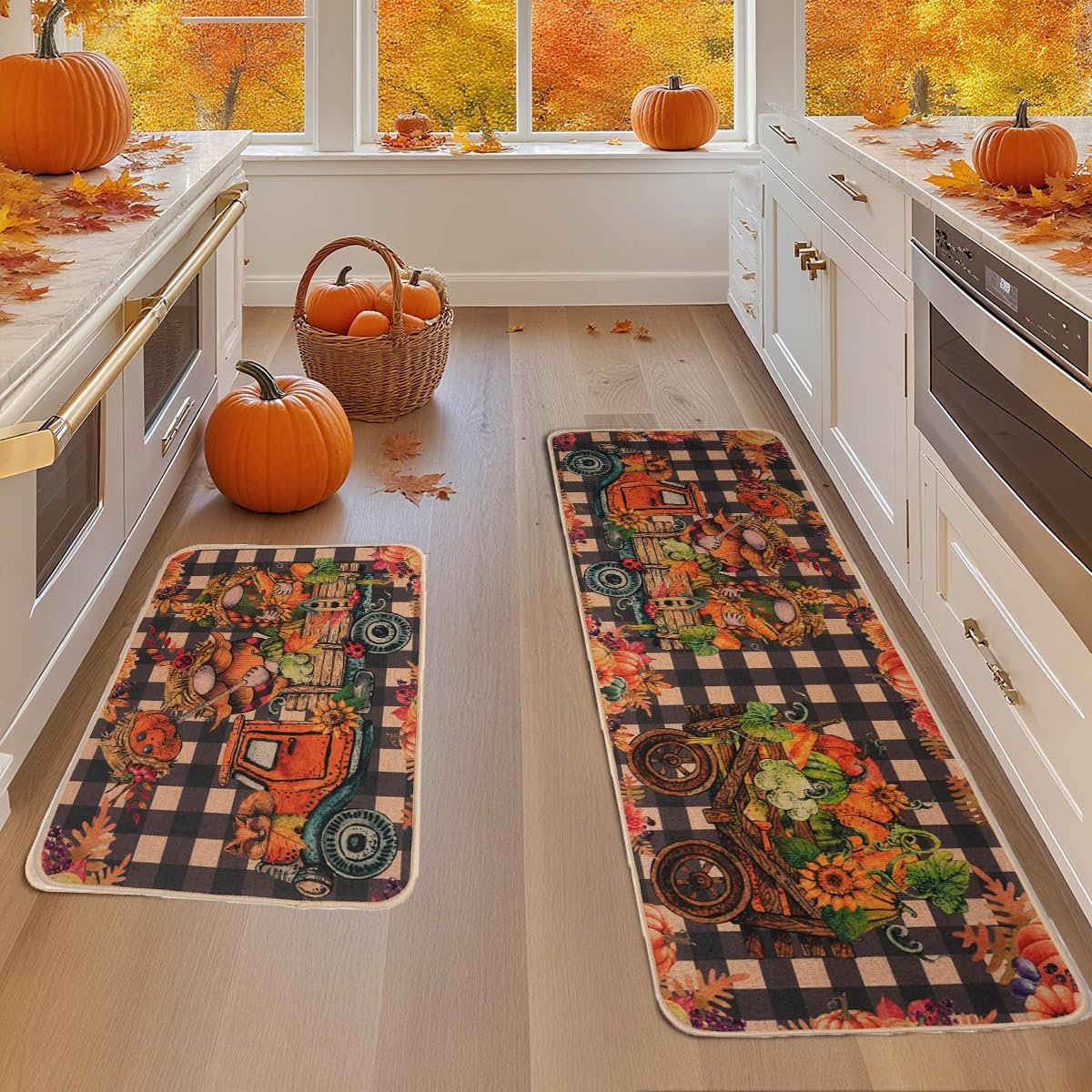 Larponder Fall Pumpkin Gnome Truck Kitchen Mats Set of 2, Non-Slip Absorbent Rug and Door Mats, Home Decor Kitchen Floor Rugs for Autumn Harvest Thanksgiving Holiday - 17x24 and 17x48 Inch