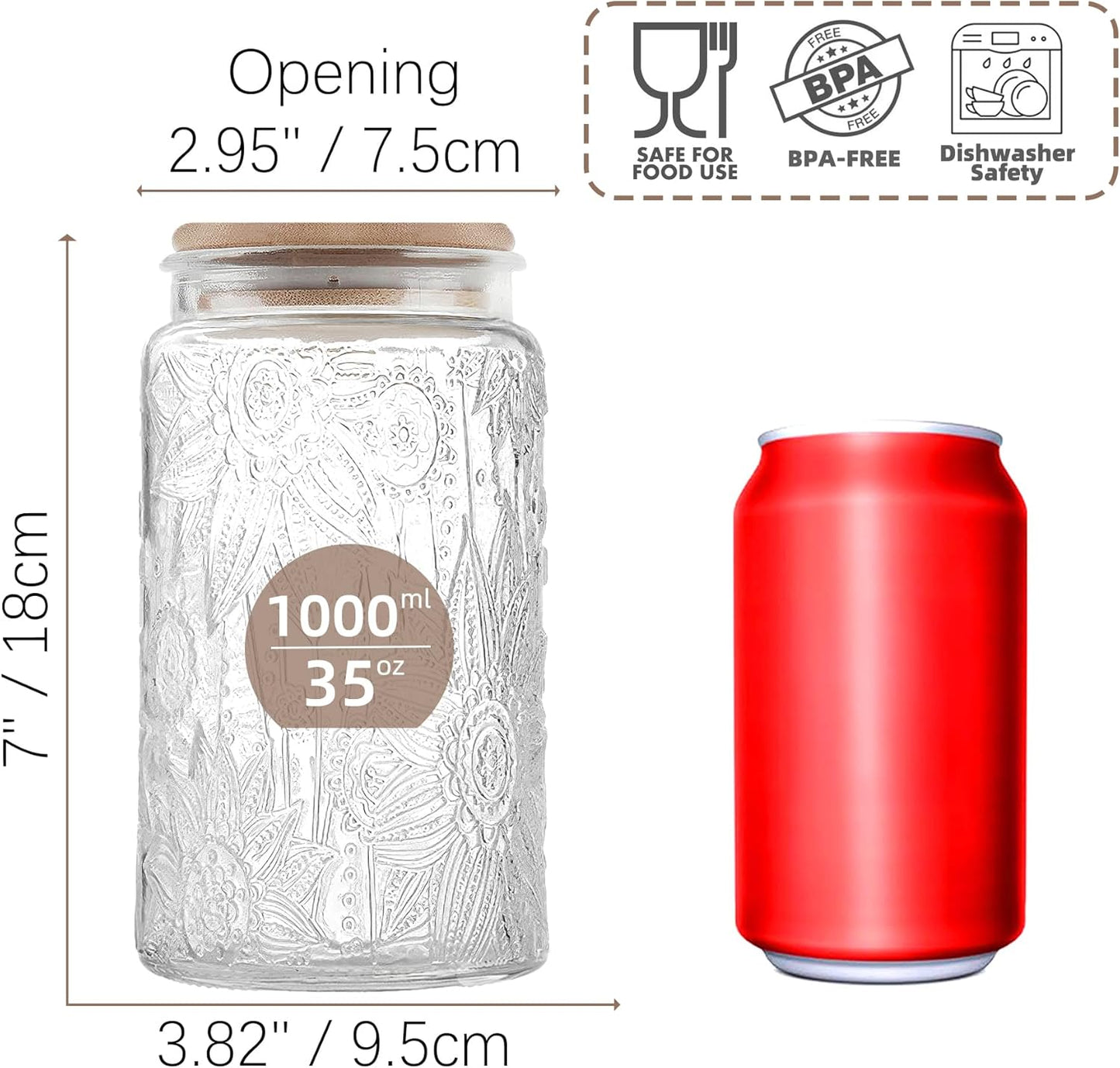 Glass Storage Jars with Airtight Bamboo Lid, 35 FL oz - Decorative Food Canisters for Kitchen Counter, Ideal for Sugar, Coffee, Tea, Candy, Cookies (35oz Large Sunflower)