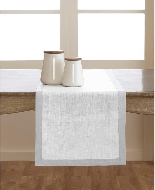 Solino Home Linen Table Runner 36 Inches - 100% Pure Linen Soft Grey and White Table Runner 14 x 36 Inch Ideal for Dresser and Coffee Tables - Fall, Autumn, Thanksgiving, Christmas, Holiday - Classic