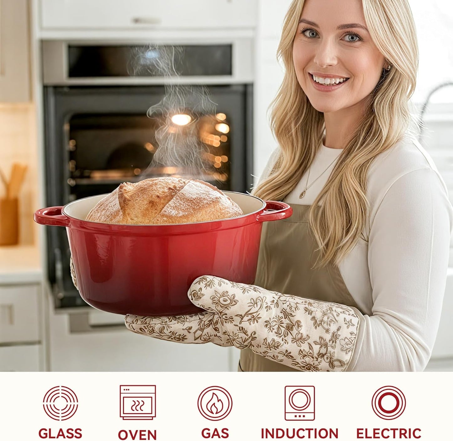 6 Quart Dutch Oven Pot with Lid, Non Stick Enameled Cast Iron Dutch Oven for Bread Baking, Heavy-Duty, Oven Safe Ceramic Cookware Up to 500°F for Baking, Braising, Stews, Roasting, Red