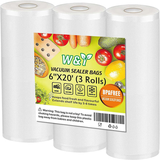 W&Y Vacuum Sealer Rolls 6” x 20’, 3 Rolls BPA-Free Commercial Grade Embossed Bags for Freezer Storage, Sous Vide, and Food Packing