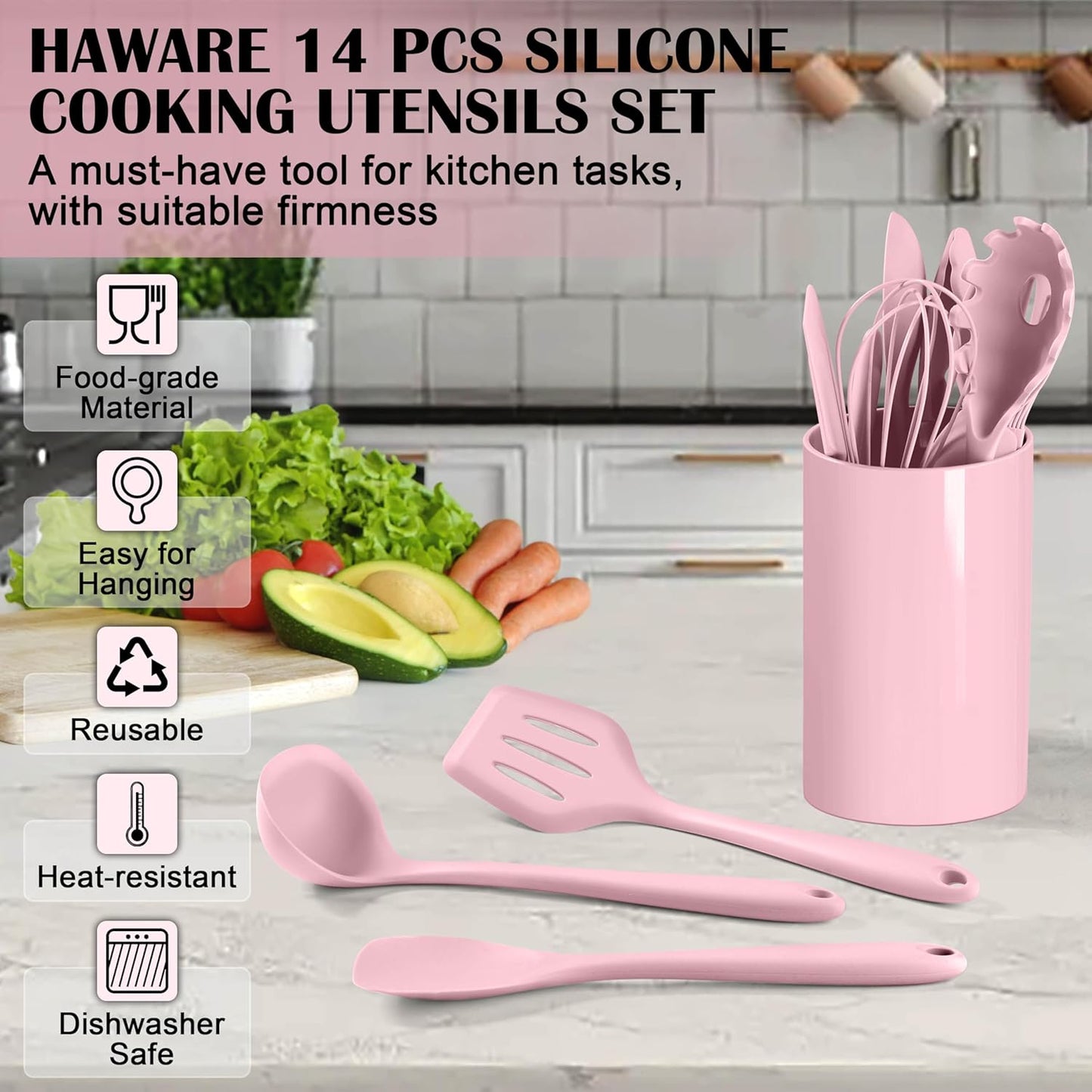 HaWare Kitchen Utensils, 14 PCS Silicone Cooking Utensils Set, Heat Resistant Kitchen Utensils for Non-stick Cookware, Kitchen Gadgets Tools with Spoons, Spatulas, Whisk, Dishwasher Safe (Pink)