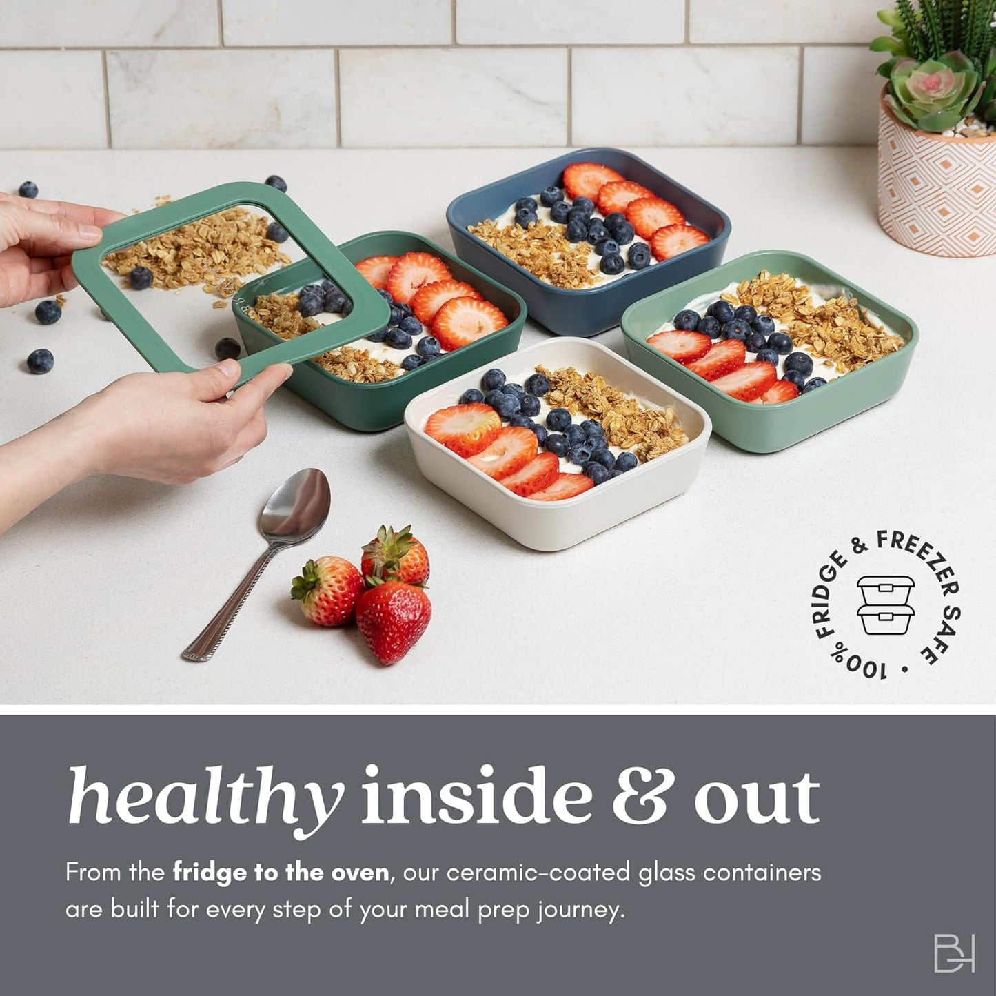 Ceramic Coated Glass Food Storage Container | No PTFE, PFOA, PFAS, and BPA | Reusable Non Toxic Meal Prep Container with Glass Lid | Easy To Store | 11 Cup Rectangle [Crema]