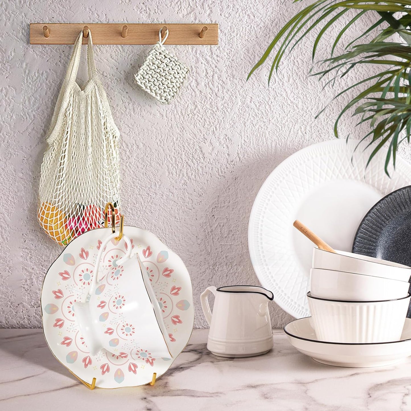 6 Pcs 3 Size Gold Plate Stands for Display, 4 6 8 Inch Plate Holder & 6 Cup and Saucer Display Stand for Displaying Picture Frames, Book, Card, Mug Organizer, Bowl, Decorative Plates, Tablet and Art