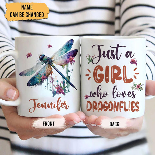 Hyturtle Personalized Gifts Dragonfly Lover - Just A Girl Who Loves Dragonflies Custom Name Ceramic Coffee Mug Cup 11oz - Idea Cute Animal Lover Gifts For Women, Girl Daughter On Birthday, Christmas