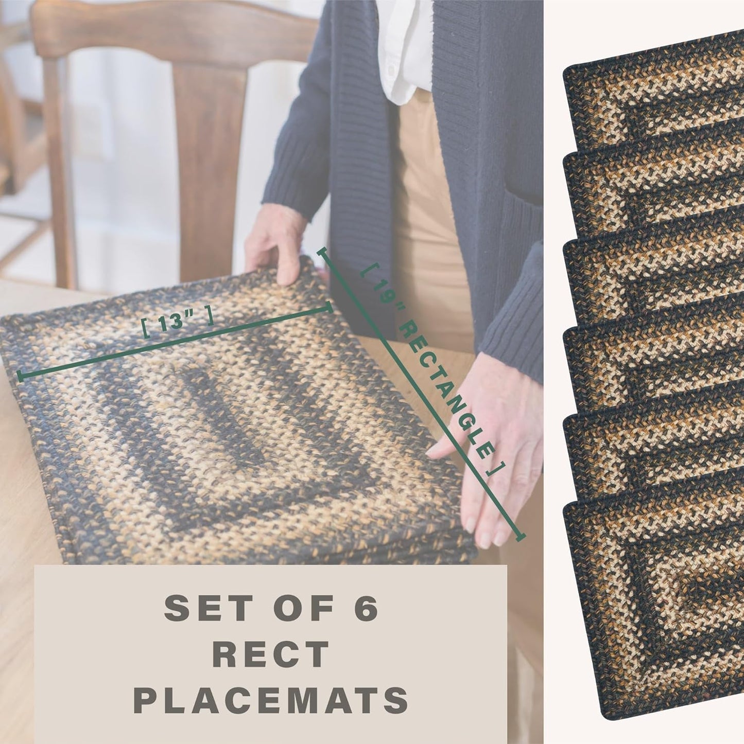 Homespice Kilimanjaro Dining Placemats, Warm Primitive Decor, Set of 6, Black and Tan - 13x19 Rectangle Table Mats - Vibrant Colors, Durable, Easy to Clean and Protects Furniture