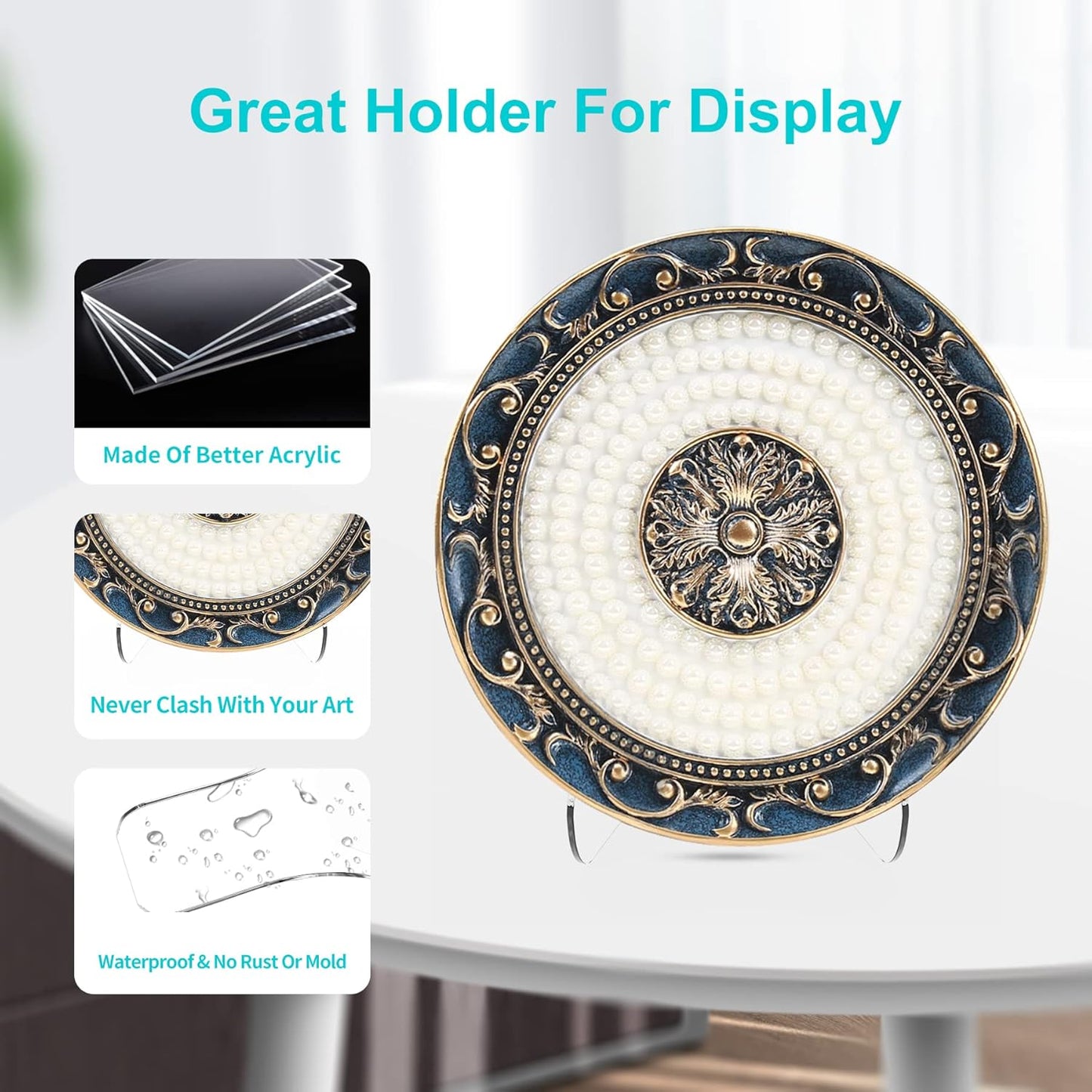 Boloyo Flat Back Acrylic Plate Display Stand , 4.5 Inch 5PC Clear Acrylic Display Holder Easel Base for Home Office Kitchen School Art Display