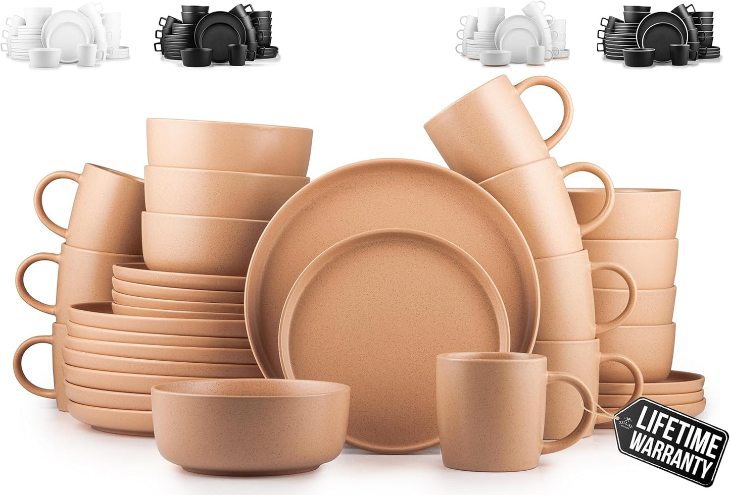 Zulay Kitchen Terra Stoneware 32-Piece Dinnerware Set, Artisanal Ceramic Plates and Bowls Set Crafted at 2300℉ - Service for 8, Terracotta Clay