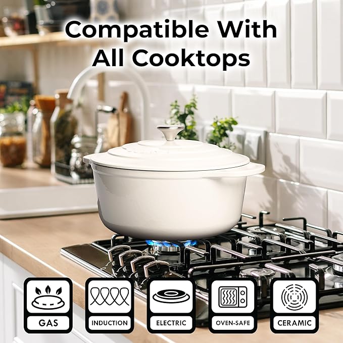 Zulay Kitchen 7.7 Quart Enameled Cast Iron Dutch Oven Pot with Lid – Premium Durability & Oven Safe up to 500°F – Heavy Duty Cookware Perfect for Bread Baking, Stews, Braising & Roasting – White