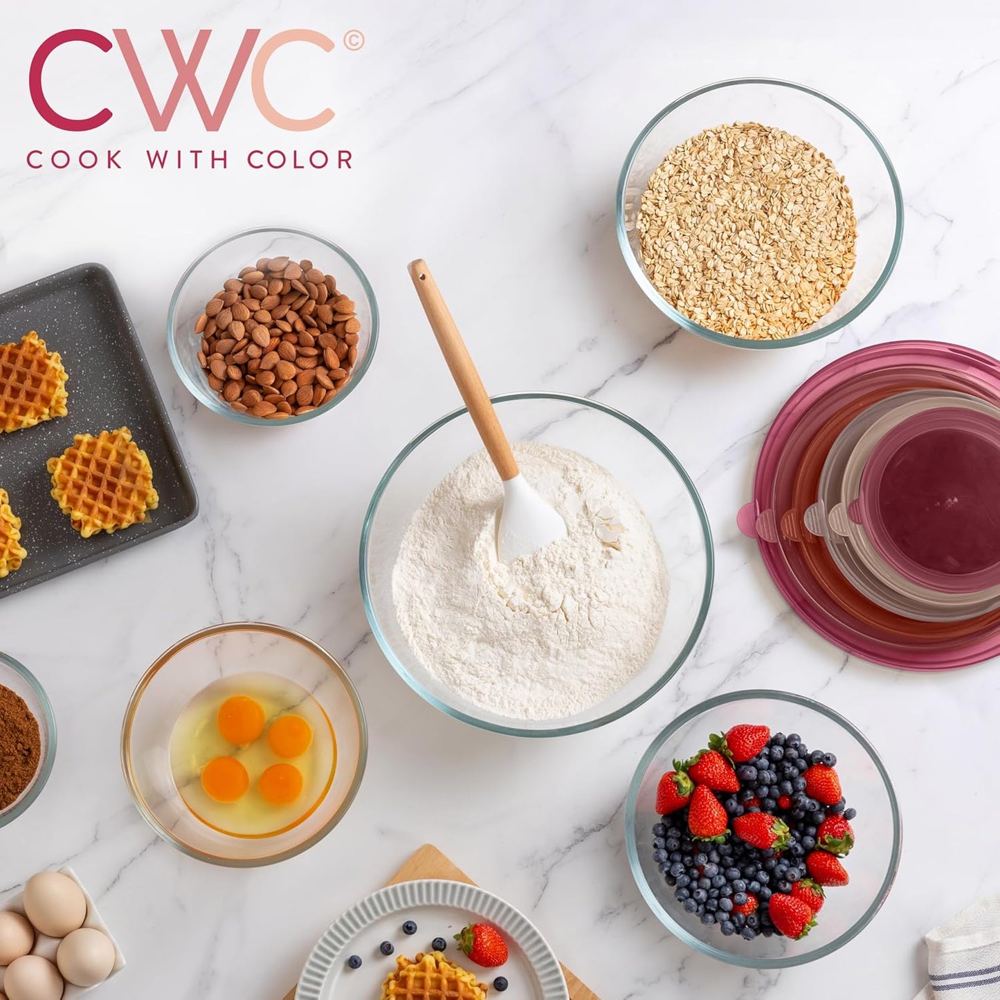 COOK WITH COLOR 12 Pc Glass Mixing Bowl Set with Lids – Borosilicate Glass Nesting Bowls for Cooking, Baking and Meal Prep, Rose