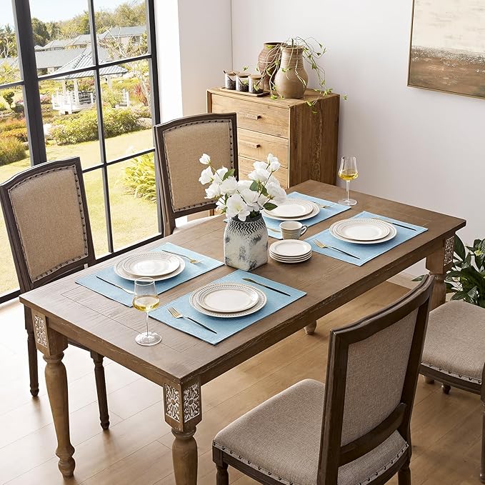 Romanstile Cloth Placemats Set of 6-12 x 18 Inch, Heat Resistant Double Layered Thickened Burlap Place Mats, Washable Faux Linen Farmhouse Table Mats for Kitchen/Dining/Party/Outdoor, Blue