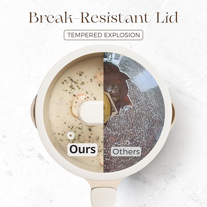 PRICUSIS Ceramic Nonstick Saucepan with Lid, 2 Quart Non Toxic Pot with Pour Spouts, Full Coated, 100% Dishwasher Safe, Induction Compatible & Oven Safe, PTFE PFAS & PFOA Free, Coconut White