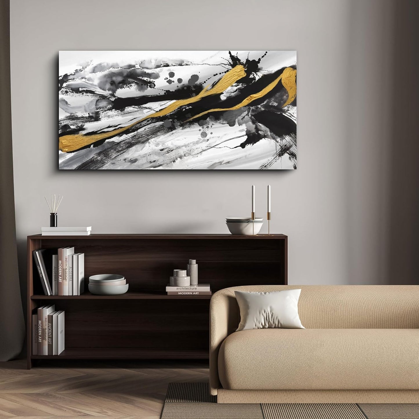 XLSJERST Black and White Abstract Wall Art - Canvas Wall Art for Living Room Bedroom Modern Gold Ink Painting Style Picture Artwork for Wall Decor Size 24x48 Inches