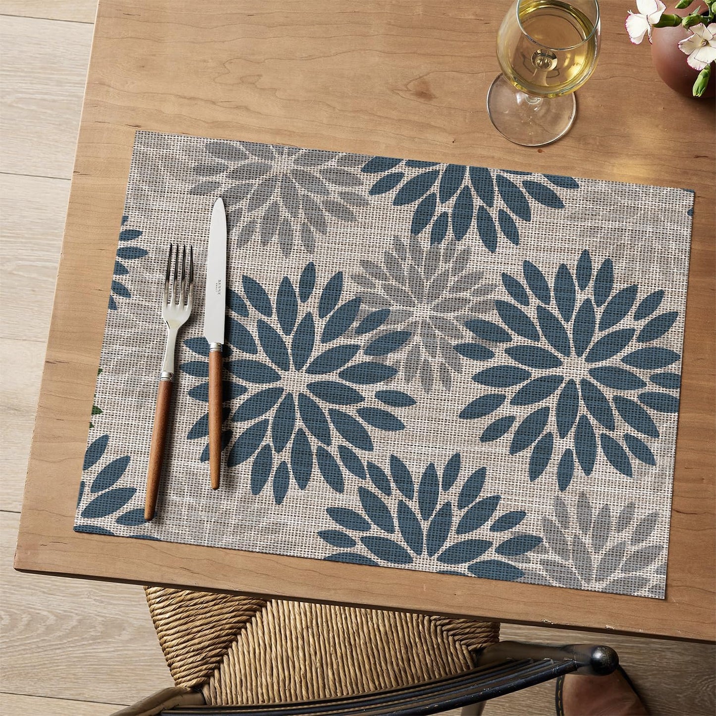 Artoid Mode Floral Vinyl Placemats Set of 4, Heat Resistant Washable Non-Slip Plastic PVC Place Mats for Party Kitchen Dining Decor, Blue Grey