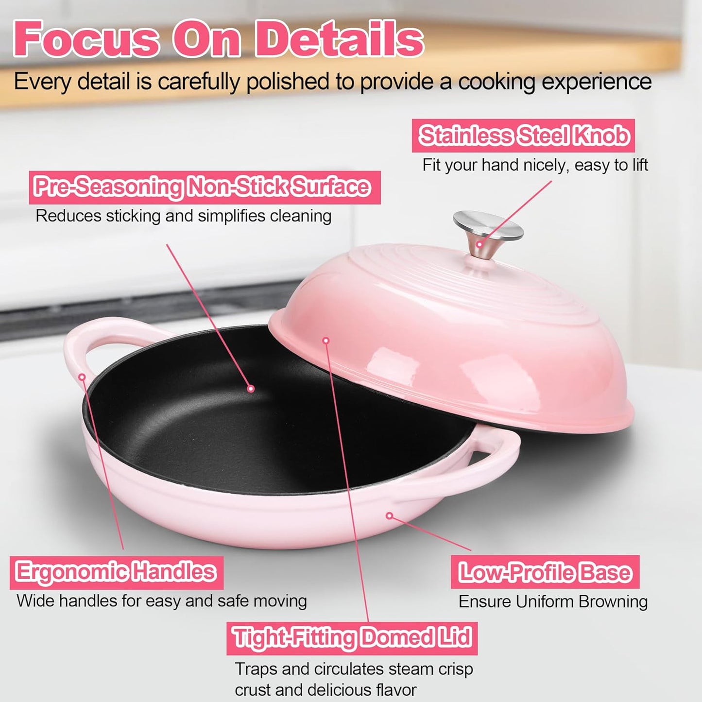 TeamFar Cast Iron Bread Dutch Oven, 6 Qt Enameled Dutch Oven Pot for Sourdough Bread Baking, with Tall Dome Lid & Round Base Pan, Self-Basting & Even-Heating, Heavy-Duty & Non-stick, Pink