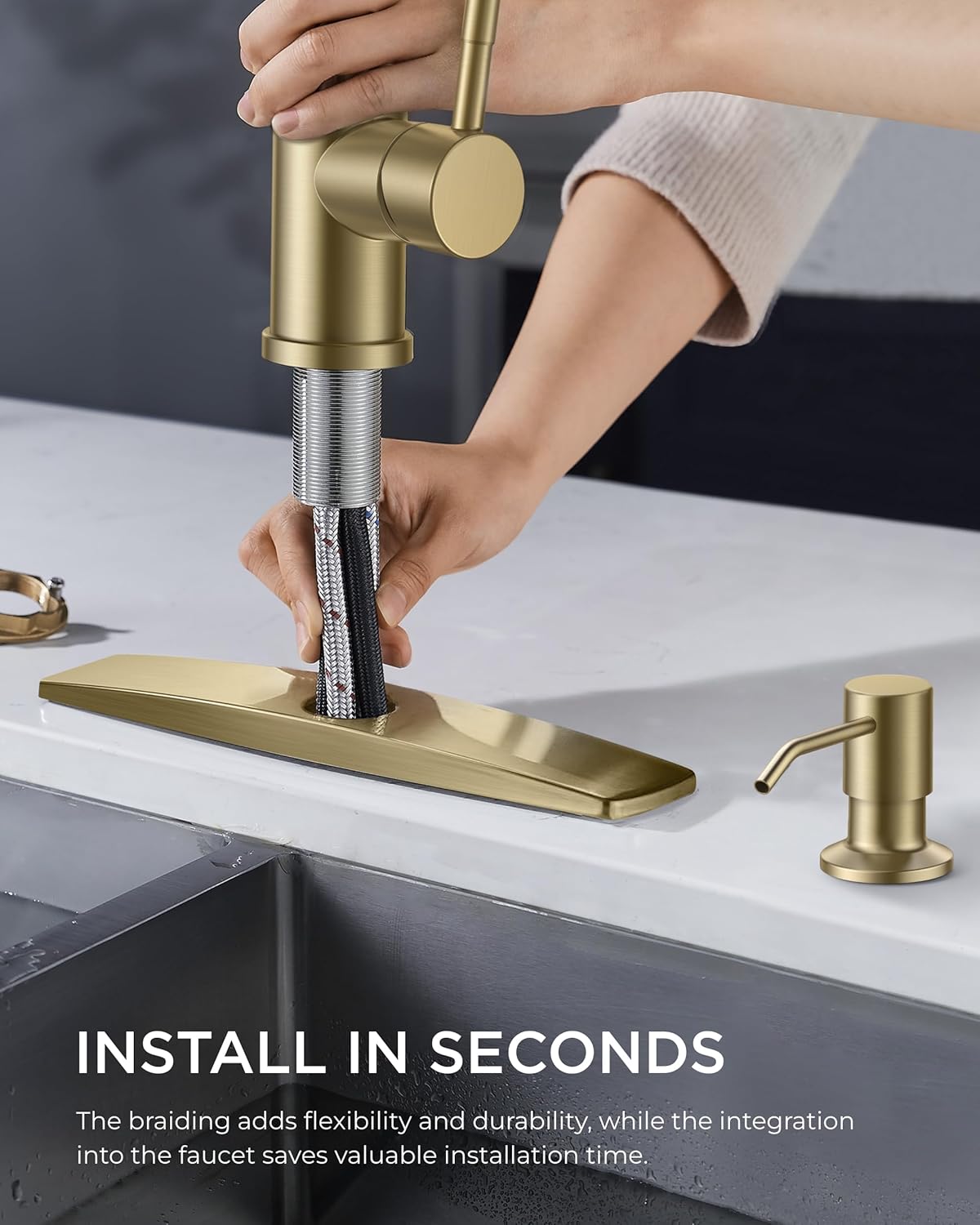 FORIOUS Gold Kitchen Faucet with Soap Dispenser, Single Handle Stainless Steel Transitional Sink Faucet with Pull Down Sprayer 1 or 3 Hole, Suitable for Farmhouse Laundry Camper RV Bar