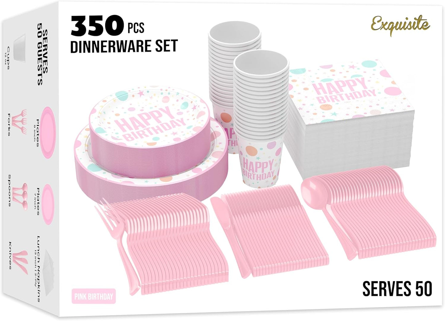 Exquisite 350 Pieces Happy Birthday Plates and Napkins Set, Paper Plates for Party Supplies, 50 Of Each 9" Dinner, 7" Dessert, Cups, Napkins & Cutlery Plastic Dinnerware Set Blue Birthday Decorations