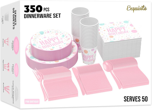 Exquisite 350 Pieces Happy Birthday Plates and Napkins Set, Paper Plates for Party Supplies, 50 Of Each 9" Dinner, 7" Dessert, Cups, Napkins & Cutlery Plastic Dinnerware Set Blue Birthday Decorations