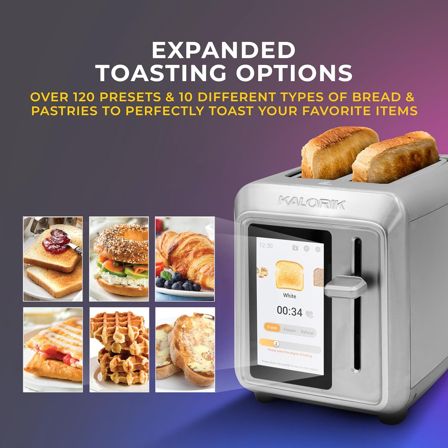 Kalorik Toaster VIVID TOUCH Series 2-Slice with Large High-Resolution Touchscreen and Customizable Cooking Presets by Bread Type, Features Wide Slots and High Lift Lever, 1000-Watts, Stainless Steel