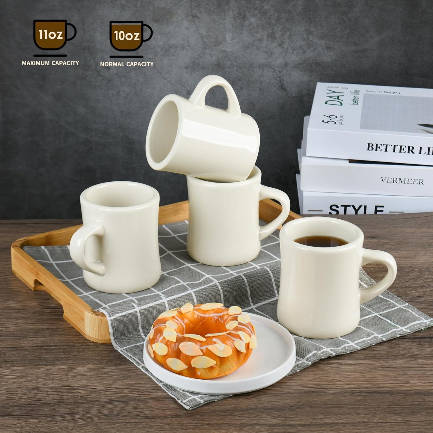 11oz White Diner Coffee Mug Set of 4 Ceramic Mugs Great for Kitchen Set, Travel, and Hot Tea (Cream)