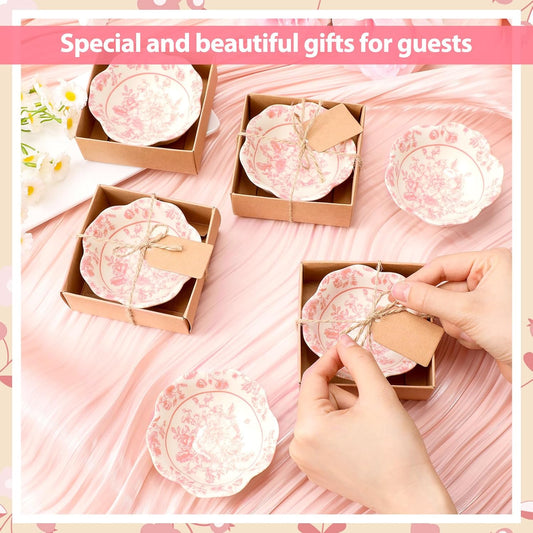 48 Pcs Wedding Favors for Guests Small Ceramic Bowl Bulk Gifts Set 3.3 Inch Floral Design Mini Dipping Bowl Sauce Dish with Cards Box for Bridal Baby Shower Birthday Guest Gift (Pink)